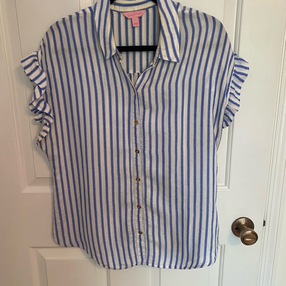 Lilly Pulitzer Blue and White Striped Button-Up Blouse